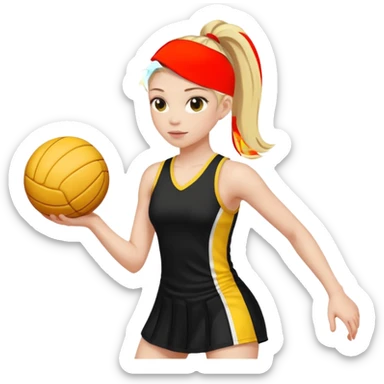 Blonde haired girl with a high pony tail with 2 plates in black dress with yellow stripe playing netball sticker