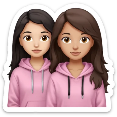 A pretty girl with light skin and long straight black brown hair, wearing a very light pink basic hoodie with brown eyes and makeup and a round face with another girl with tan skin and very wavy brown hair sticker