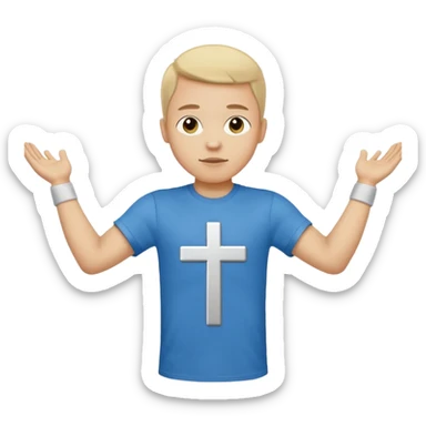 A person with the arms opened and extended forming a cross with their arms and body with t-shirt sticker