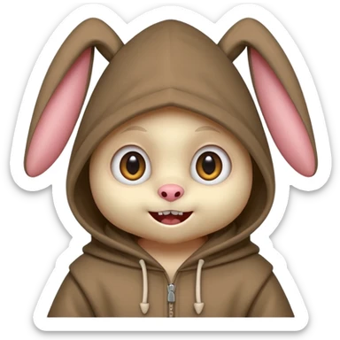 cute character with large eyes, round face, triangular teeth, wearing a hood with upright rabbit-like ears, mischievous and playful expression, unique monster figure sticker