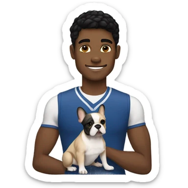 athletic light skin male with short black hair holding a brindle colored french bulldog sticker