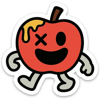 plush apple character with light grey arms and legs, left eye is an X, yellow ichor dripping from stem, big smiling mouth, no leaf sticker