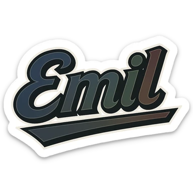 Emil name in masculine, modern, gradient font with dark contour, thin and clearly visible white border around letters, dynamic slanted underline, masculine color shades (blue, gray, burgundy, green, brown), 1000x1000 px, PNG, transparent background, in the style of the uploaded Attila sample. sticker