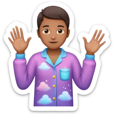 person in pajamas with magical colorful mist between hands sticker