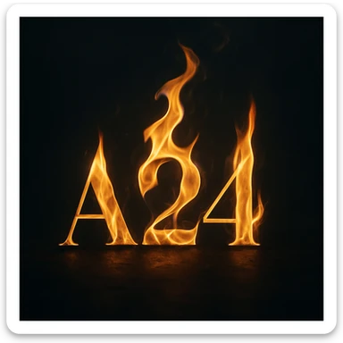 the A24 logo burning with subtle, elegant fire, minimalist, dark background, moody sticker