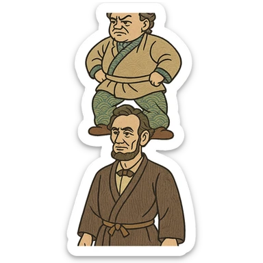 Stephen Douglas standing on Abraham Lincoln's shoulders, ukiyo-e inspired illustration sticker
