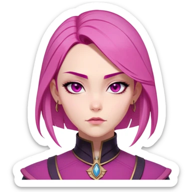 Vi from Arcane (Netflix Animation)

Face Shape: Strong, angular with high cheekbones and a defined jawline. Slightly pointed chin.
Skin Tone: Fair with a pinkish undertone.
Eyes: Large, almond-shaped, slightly downward-tilted, deep magenta/pink.
Eyebrows: Thick, sharp, slightly arched, adding to her bold expression.
Nose: Small to medium with a slightly upturned tip.
Lips: Full but not overly plump, often pursed or smirking.
Hair: Vivid pink/magenta, short and asymmetrical—left side shaved, right side with long, voluminous bangs partially covering her eye. The back is short and messy.
Other Features: Light freckles, a scar on her right eyebrow.
Expression: Intense and confident, often smirking or glaring.
Accessories: Small silver hoop earring in her left ear.
Tattoo: Roman numeral "VI" on her left cheekbone, below her eye. sticker