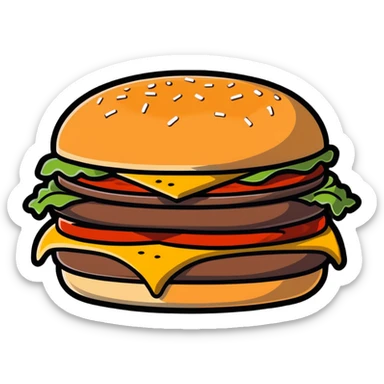 burger de chez Quick with soft bun, steak, cheese, sauce, cartoon sticker style sticker