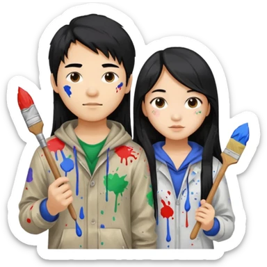 Asian boy with long hair  and girl painters sticker