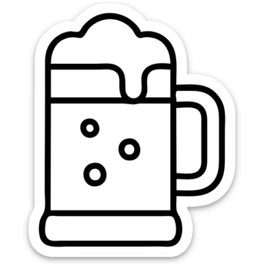 beer mug icon, outlined style, 1.5px line thickness, with a handle and bubbles sticker