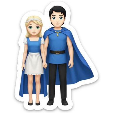 Prince with crown, blue cape and trousers, body and legs, black hair, blue eyes and maid, blonde hair, green eyes, sexy white short sleveless dress,  sticker