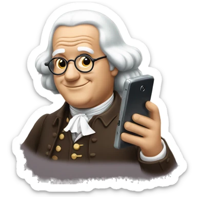 benjamin franklin playing mobile phone in one hand and showing like in another sticker