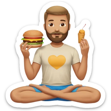 caucasian man with beard, eating burger in yoga pose sticker