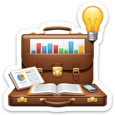 Icon for Business Reading: a prominent book at the forefront, with a briefcase, laptop, and notepad around it, along with a bar graph and lightbulb symbolizing ideas and growth. The icon should represent the knowledge and strategy of business literature. Transparent background. sticker