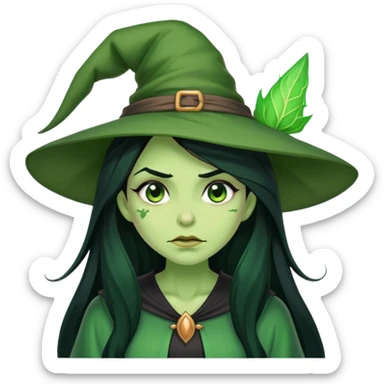 Green-skinned witch with long black hair, embarrassed expression, blushing sticker