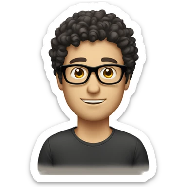caucasian guy with short dark curly hair and black glasses sticker