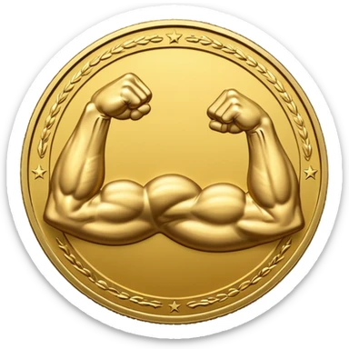 A gold coin engraved by a bent arm showing a big biceps. No human, only the arm sticker