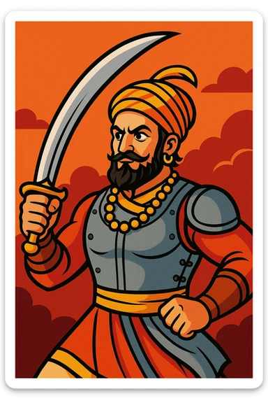 Shivaji Maharaj, bold cartoon style, wearing a turban and armor, holding a sword sticker