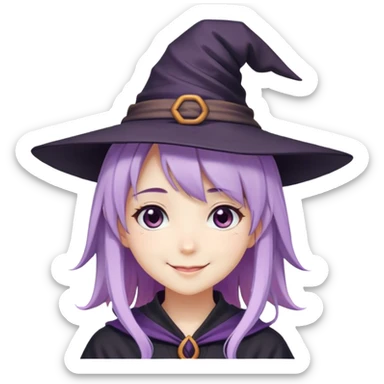 cute anime girl with lilac hair wearing a witch hat smiling sticker
