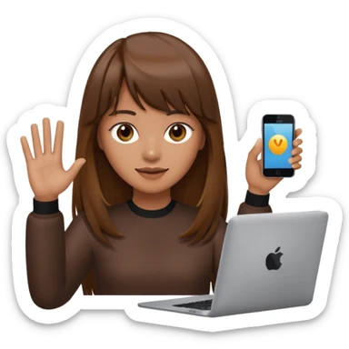 a designer with tan skin long brown hair bangs waving with computer sticker
