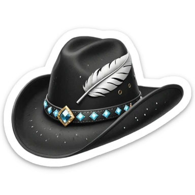 black cowboy hat with a black feather and some small diamonds sticker