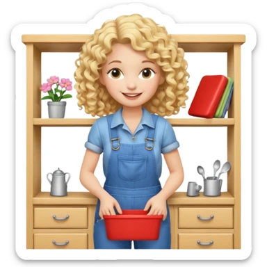 blonde curly woman arranging furniture in doll house with overalls sticker