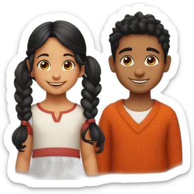 smiling 3 years old indian girl with black curly hair in pigtails wearing a orange dress with a smiling 3 years old white skin indian boy with straight black hair wearing a dark red sweater sticker