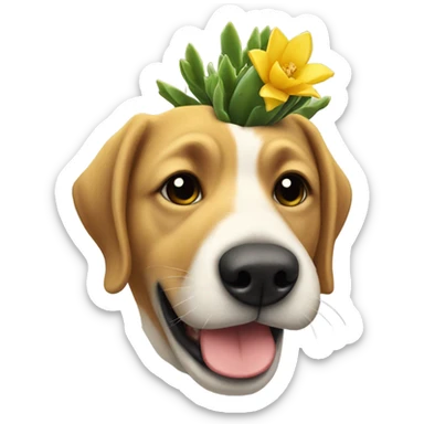 A dog with a yellow small cactus in its mouth and there aren’t prickles but there is a vein in it sticker