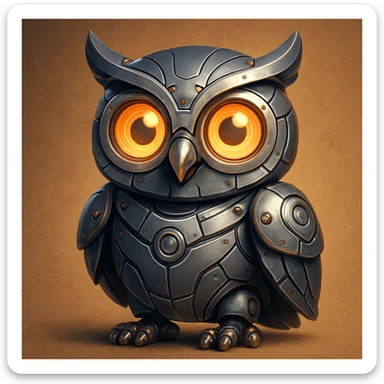 robotic owl, symbolizing intelligence, cute style sticker