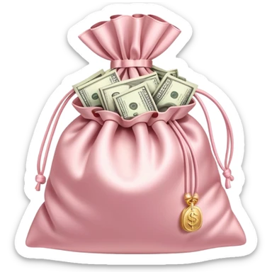 Soft pink satin money bag overflowing with cash, subtle luxury, no logos sticker