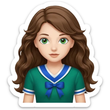 A pretty girl has blue eyes, her hair is brown long wavy hair, and wear green Hawkins cheerleader uniform sticker