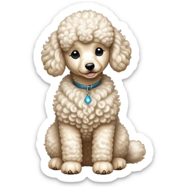 cinematic-[poodle]-realistic-full-body-sitting-emoji,-tail-resting-loosely-beside-its-paws,-head-tilted-dramatically, -curly-[cream white]-fur,-simplified-yet-realistic-focused-features,-highly-detailed,-glowing-with-an-almost-sarcastic-glow sticker