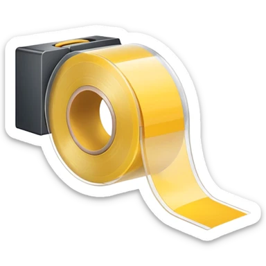 small roll of clear adhesive tape with glossy finish on simple white plastic dispenser with curved cutting edge, roll partially used with strip slightly lifted and curved, no box or extras, apple emoji style, soft lighting, subtle shadows, transparent background, emoji scale sticker