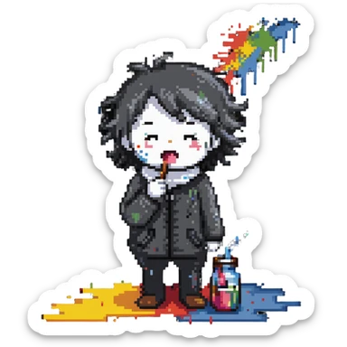 sick artist sneezing or with a thermometer with paint splatters nearby sticker