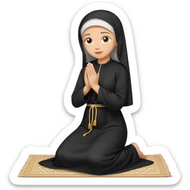 Light skin Muslim woman in plain black abaya side profile praying on prayer mat  holding up hands to god sticker