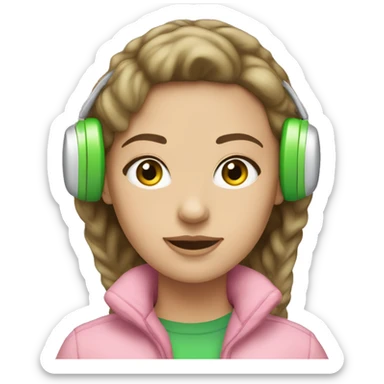 brunette girl with some blonde hair with green eyes wearing light pink ear muffs  sticker