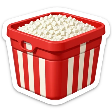 Pixel art Cottagecheese in big chunks in a red container with a white stripe at top and bottom sticker