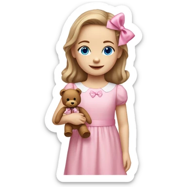Little Girl with White skin, blue eyes. Light brown hair with pink bows in it.  She is wearing a pink and White dress, standing and holding on to a teddybear with a pink bows. sticker
