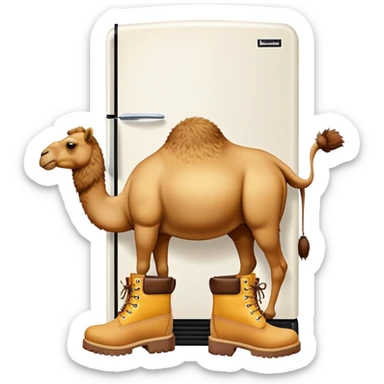 A camel face with long eyelashes on top of a boxy white refrigerator body, with four yellow-brown Timberland boots at the bottom sticker