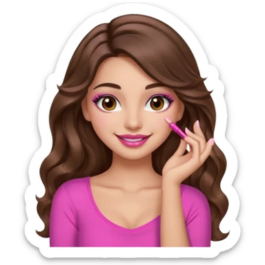 girl with long wavy brown hair, brown eyes, long lashes makeup, sexy pink lips, light to medium complexion, pink sexy top, smiling, hand by the cheek sticker