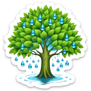 a leafy green tree with its crown bursting into blue water drops, no fire or smoke sticker