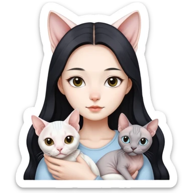 A beautiful korean Girl with black longhair holding a white cat and a white Sphynx and a grey Sphynx Cat sticker
