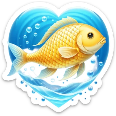 Ethereal golden fish in the shape of an omega symbol, radiating gentle waves of energy that flow toward a glowing brain and heart. The fish appears translucent and luminous, with scales that shimmer with healing properties, all suspended in a dreamy blue atmosphere. sticker