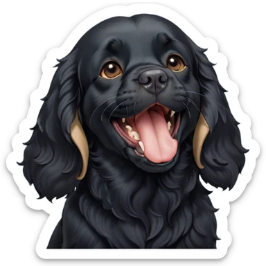 Cinematic Cute Yawning Black Cocker Spaniel Portrait Emoji, Head tilted slightly with a dramatic, wide-open yawn, showcasing a sleek black coat with subtle tan highlights, floppy ears slightly drooping, round dark eyes barely open in drowsy contentment, Simplified yet irresistibly adorable features, highly detailed, glowing with a soft, cozy glow, high shine, relaxed yet expressive, stylized with a touch of whimsy, bright and endearing, soft glowing outline, capturing the essence of a sleepy yet affectionate companion, so drowsy it feels like it could stretch out of the screen and curl up for a nap! sticker