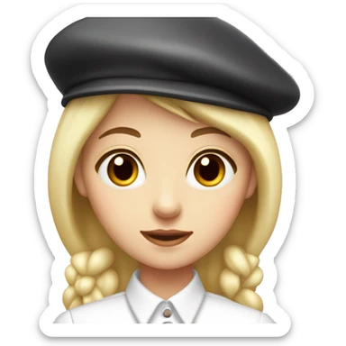 blonde girl, red eyes, white buttoned shirt, beret sticker