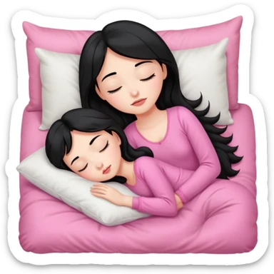 Sleeping on the pillow in bed, beauty hot and pretty Pale girl with medium high black hair wearing sexy pink sleepwears sticker