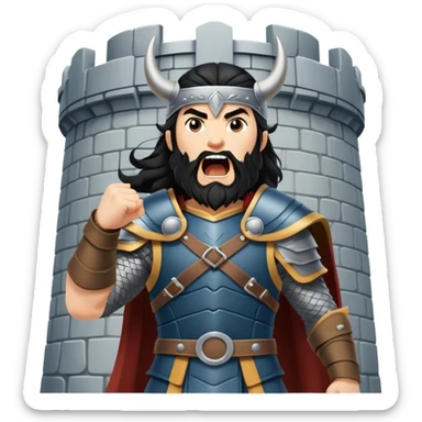 vikingo con armadura de Asgard, pelo negro ondulado, de pie, grito de guerra en torre de Asgard. sticker