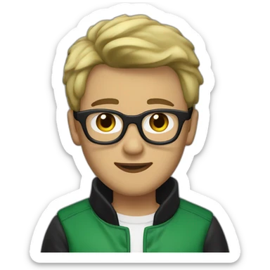 guy with black glasses dirtyblonde short hair with green letterman jacket and brown sleeves sticker