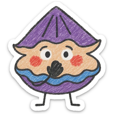 Cute oyster with an embarrassed expression, hand in front of mouth, red cheeks, in children doodle style, transparent background. sticker