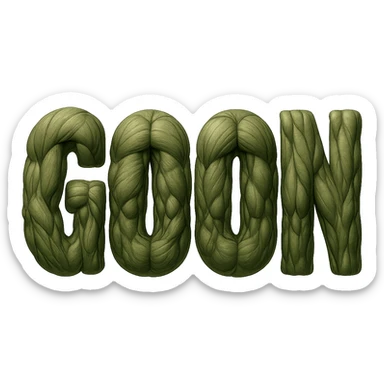 Make the word 'GOON' look more realistic, with each letter formed from detailed, anatomically accurate muscles. Add realistic muscle texture, shading, and definition, while keeping the overall shape clear and readable. No background. sticker